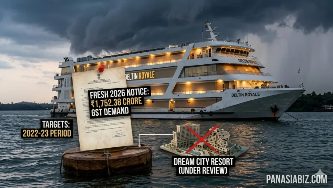 The Delta Corp Deltin Royale casino boat on the Mandovi River with a financial crisis overlay.