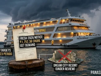 The Delta Corp Deltin Royale casino boat on the Mandovi River with a financial crisis overlay.