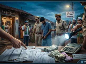 Police and activists during a raid on an illegal gambling den in Narendra village, Dharwad.