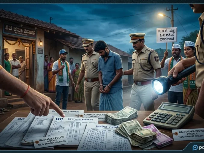 Police and activists during a raid on an illegal gambling den in Narendra village, Dharwad.
