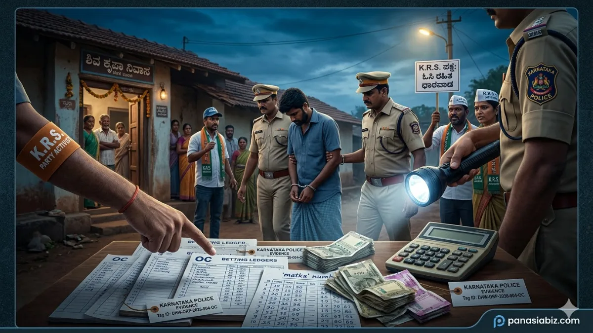 Police and activists during a raid on an illegal gambling den in Narendra village, Dharwad.