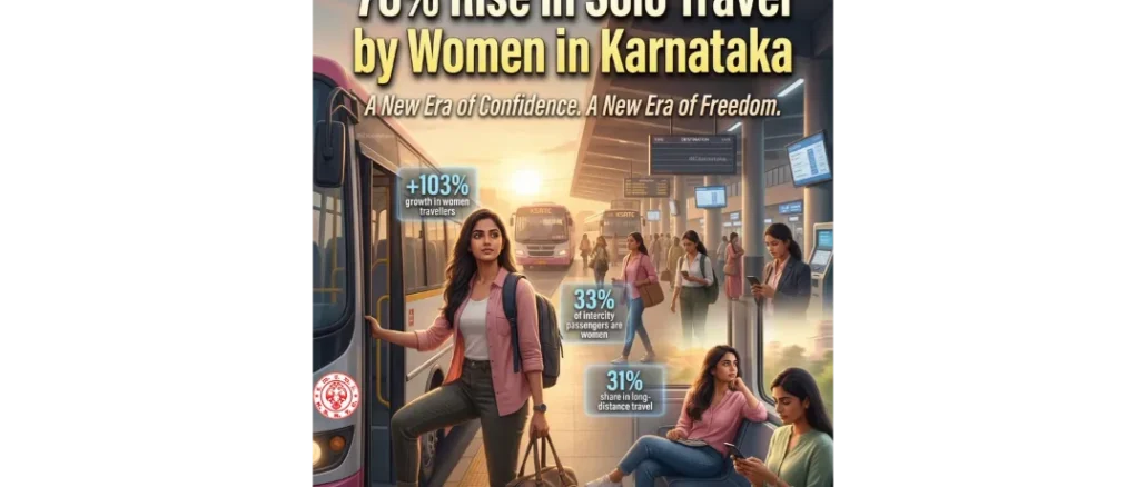 Women passengers traveling solo on a public bus in Karnataka.