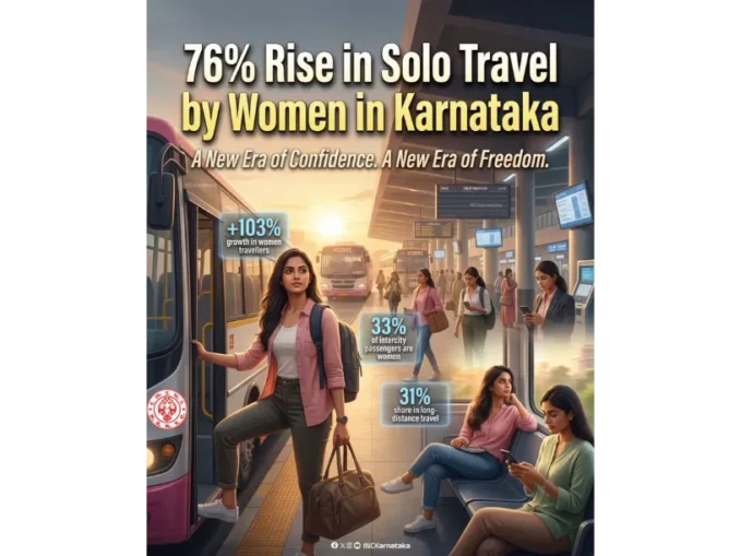 Women passengers traveling solo on a public bus in Karnataka.