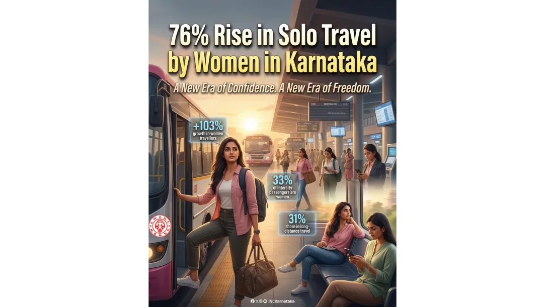 Women passengers traveling solo on a public bus in Karnataka.