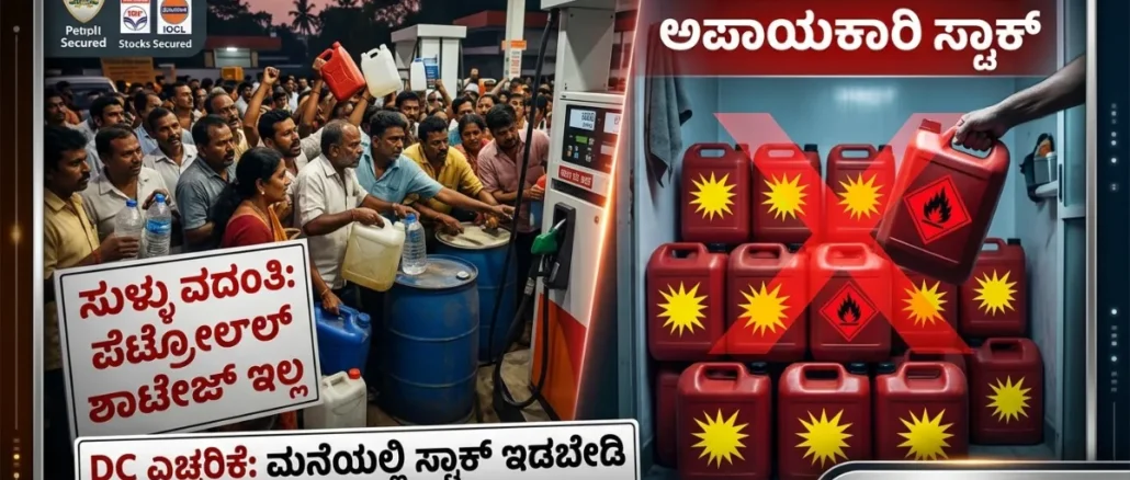 FFLarge crowds and people with cans at a petrol pump in Belagavi following fuel shortage rumors.