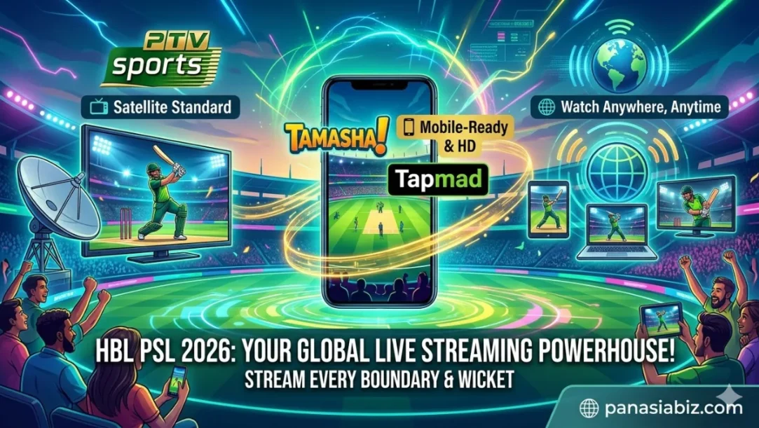 Logos of PTV Sports, Tamasha, and Tapmad for official PSL 2026 live streaming.