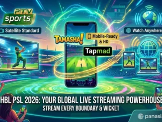 Logos of PTV Sports, Tamasha, and Tapmad for official PSL 2026 live streaming.