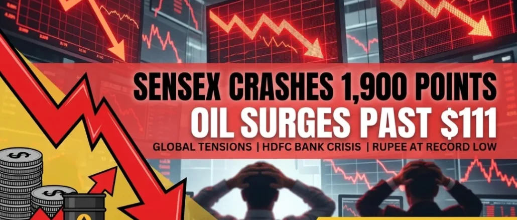 Stock market red arrows and financial charts showing a sharp decline.