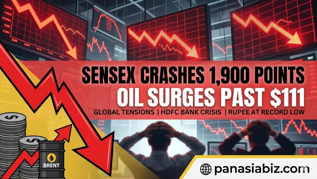 Stock market red arrows and financial charts showing a sharp decline.