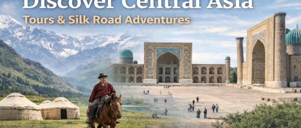 Central Asia travel landscape featuring Silk Road architecture, Tien Shan mountains, desert fortress ruins and nomadic yurts under clear blue skyCentral Asia travel landscape featuring Silk Road architecture, Tien Shan mountains, desert fortress ruins and nomadic yurts under clear blue sky