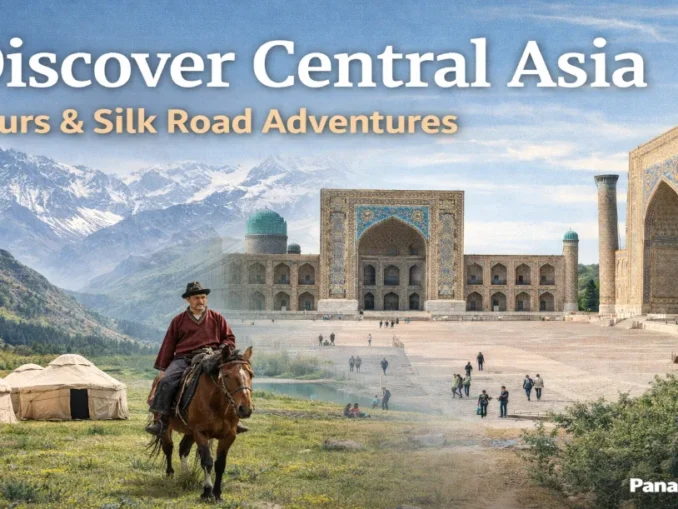 Central Asia travel landscape featuring Silk Road architecture, Tien Shan mountains, desert fortress ruins and nomadic yurts under clear blue skyCentral Asia travel landscape featuring Silk Road architecture, Tien Shan mountains, desert fortress ruins and nomadic yurts under clear blue sky