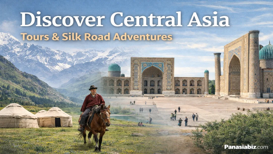 Central Asia travel landscape featuring Silk Road architecture, Tien Shan mountains, desert fortress ruins and nomadic yurts under clear blue skyCentral Asia travel landscape featuring Silk Road architecture, Tien Shan mountains, desert fortress ruins and nomadic yurts under clear blue sky