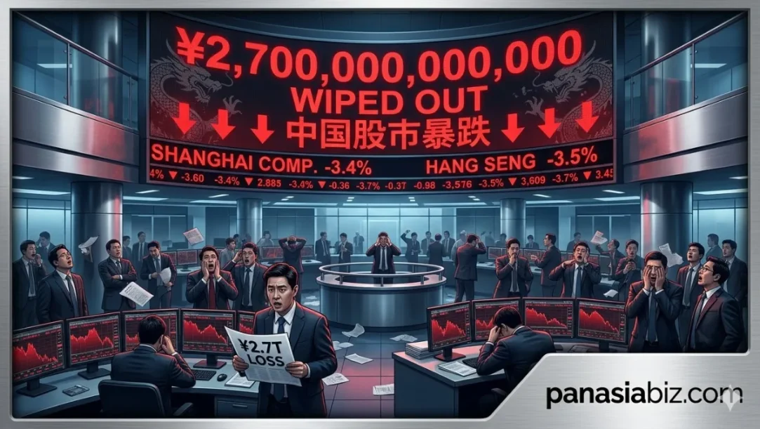 Trading floor monitors showing red downward trends in the Shanghai Stock Exchange.