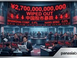 Trading floor monitors showing red downward trends in the Shanghai Stock Exchange.