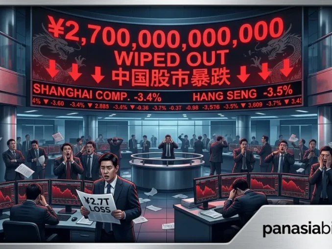 Trading floor monitors showing red downward trends in the Shanghai Stock Exchange.