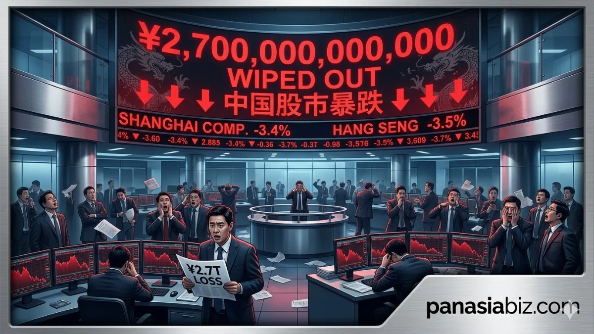 Trading floor monitors showing red downward trends in the Shanghai Stock Exchange.