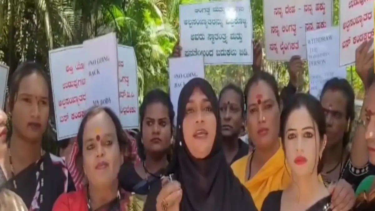 Transgender community protesting outside Belagavi Deputy Commissioner’s office with banners and placards