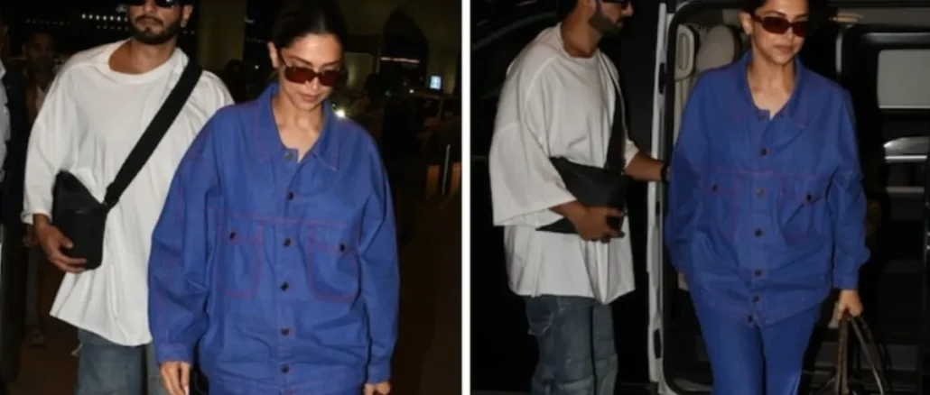 Deepika Padukone in blue denim and Ranveer Singh in white t-shirt at Mumbai airport in April 2026