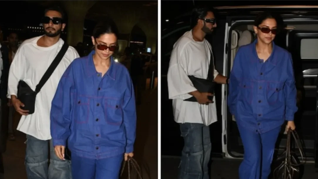 Deepika Padukone in blue denim and Ranveer Singh in white t-shirt at Mumbai airport in April 2026