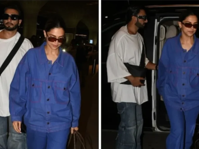 Deepika Padukone in blue denim and Ranveer Singh in white t-shirt at Mumbai airport in April 2026