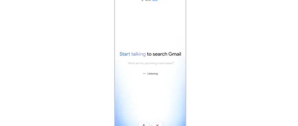 A mobile smartphone displaying the new Gmail Live conversational voice search interface inside the official email app.
