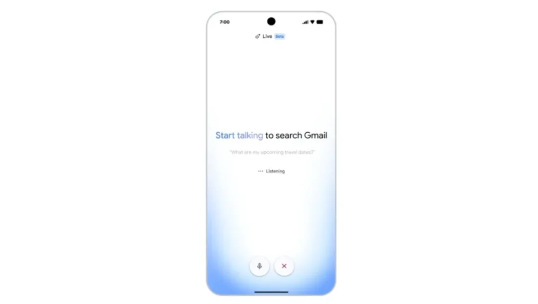 A mobile smartphone displaying the new Gmail Live conversational voice search interface inside the official email app.