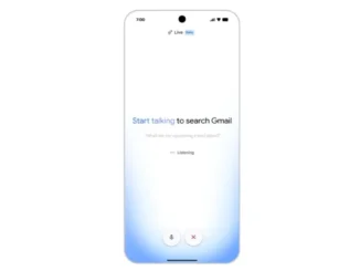 A mobile smartphone displaying the new Gmail Live conversational voice search interface inside the official email app.