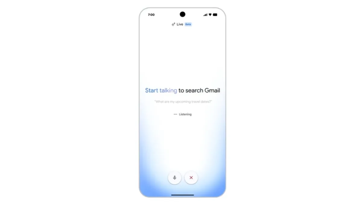 A mobile smartphone displaying the new Gmail Live conversational voice search interface inside the official email app.