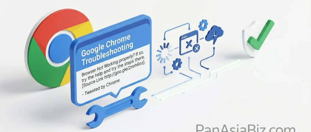 Google Chrome support page with troubleshooting steps for a browser error.