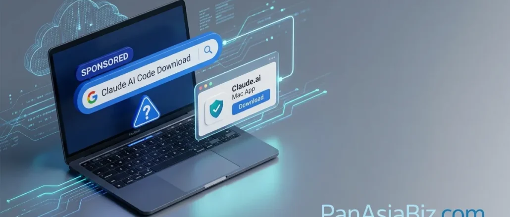 fake Google Ad for Claude Code leading to a malicious Mac malware download site.