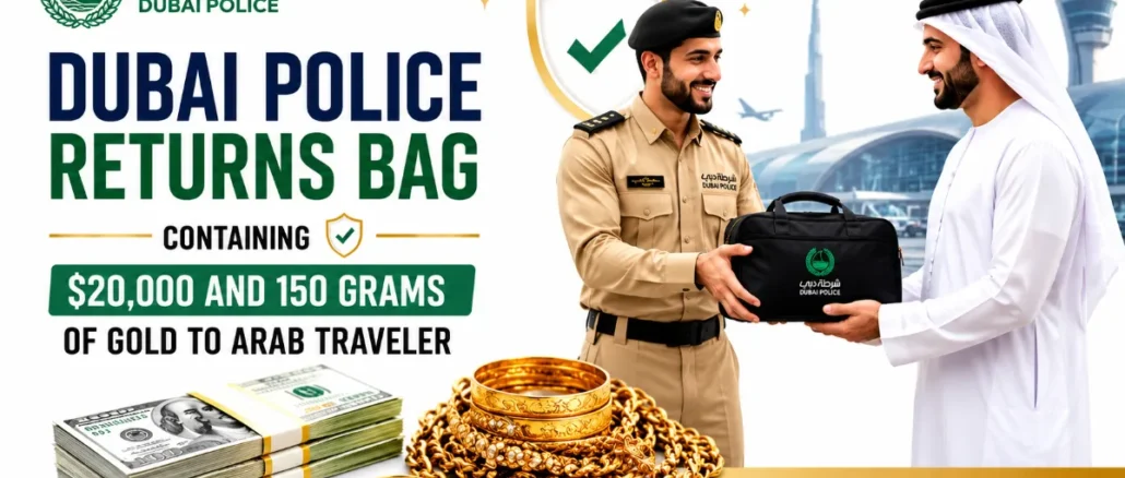 Dubai Police officers returning a recovered bag containing cash and gold to a traveler at Dubai International Airport