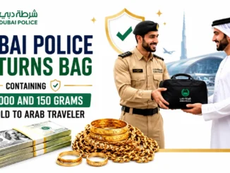 Dubai Police officers returning a recovered bag containing cash and gold to a traveler at Dubai International Airport