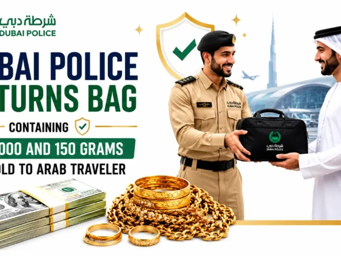Dubai Police officers returning a recovered bag containing cash and gold to a traveler at Dubai International Airport