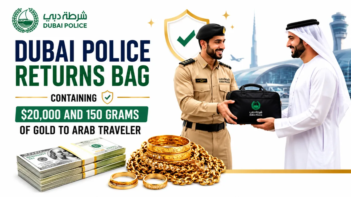 Dubai Police officers returning a recovered bag containing cash and gold to a traveler at Dubai International Airport