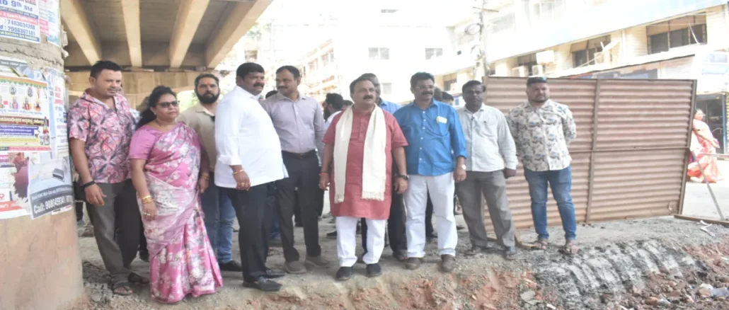 Hubballi MLA Mahesh Tenginkai inspecting Chennamma Circle Flyover construction works in Hubballi