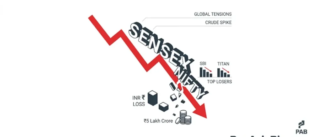 Stock market dashboard showing red falling arrows for Sensex and Nifty 50 on May 11, 2026.