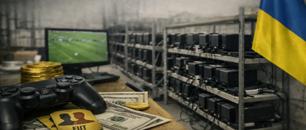 Rows of PlayStation consoles seized in Ukraine FIFA coin farming raid