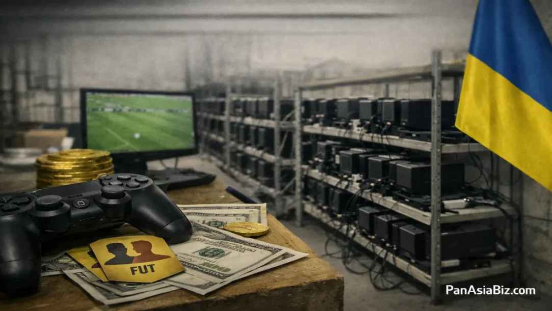 Rows of PlayStation consoles seized in Ukraine FIFA coin farming raid
