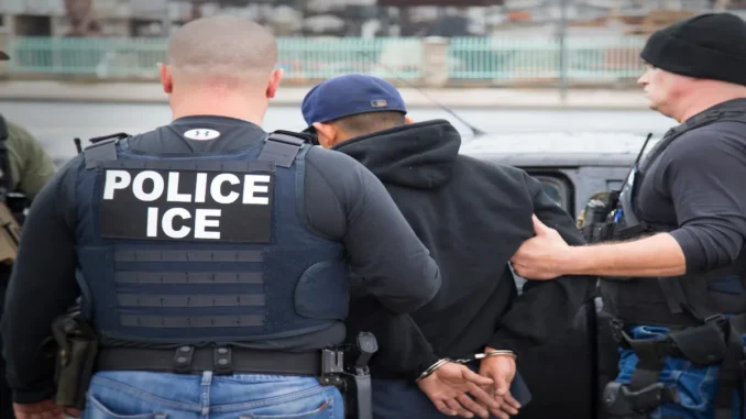 ICE agents checking passenger ID during airport security screening amid rising ICE airport arrests