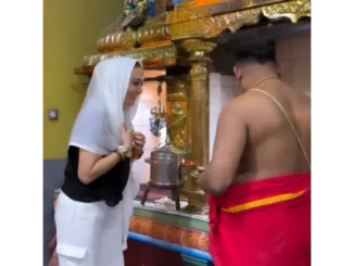 Preity Zinta smiling at Kanapathy Temple Paris during Sawan visit Instagram reel