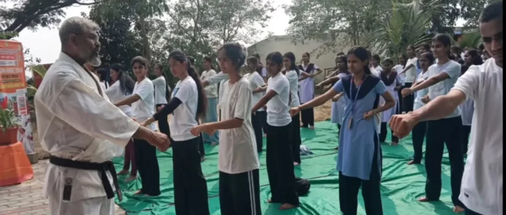 Students at karate self-defense training camp in Nagarahalli government school