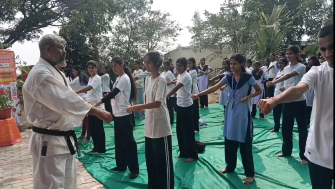 Students at karate self-defense training camp in Nagarahalli government school